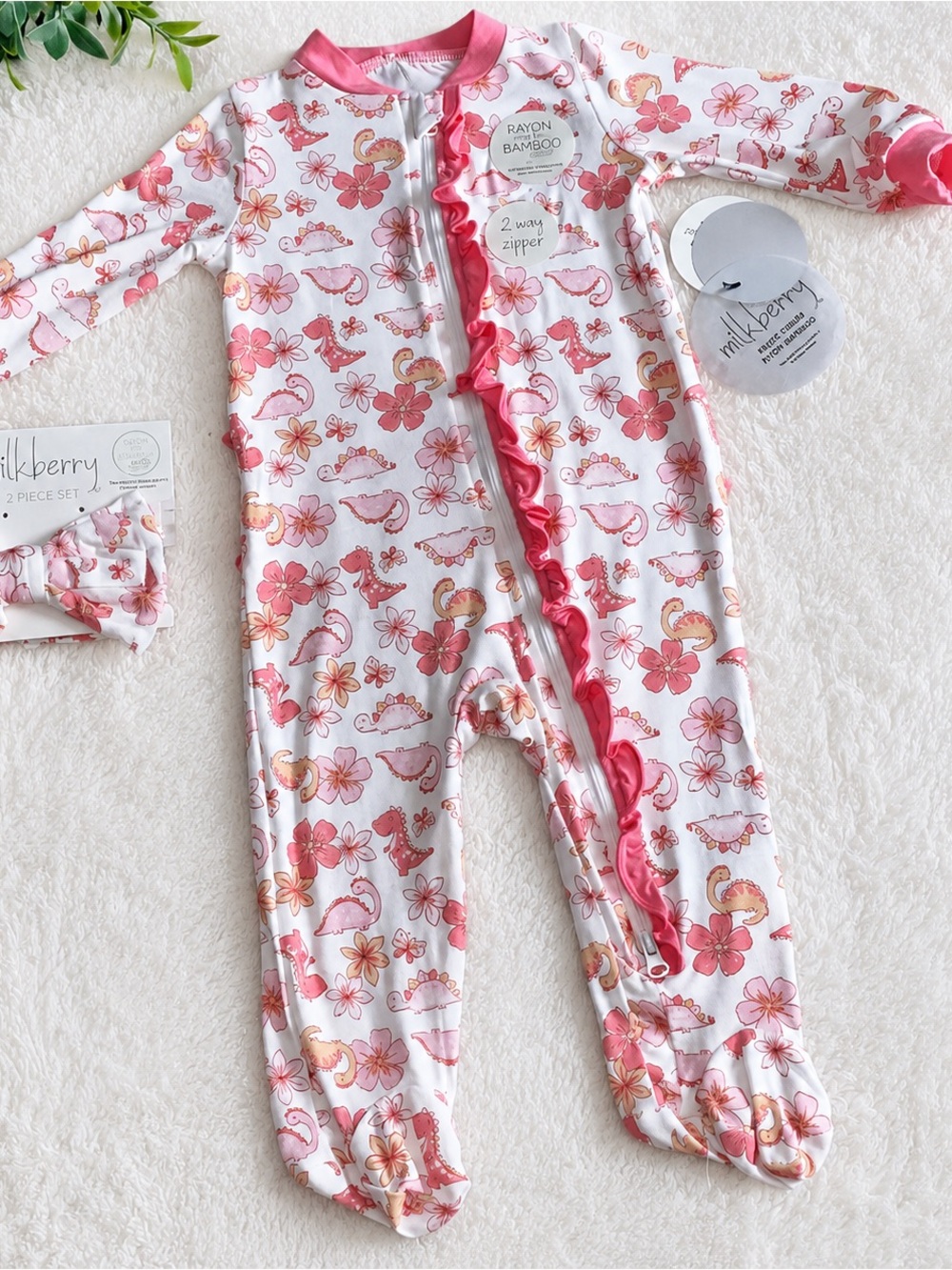 NWT Milkberry Floral Dinosaurs Ruffle Footie Bamboo 3-6M Pink Coral & Headband